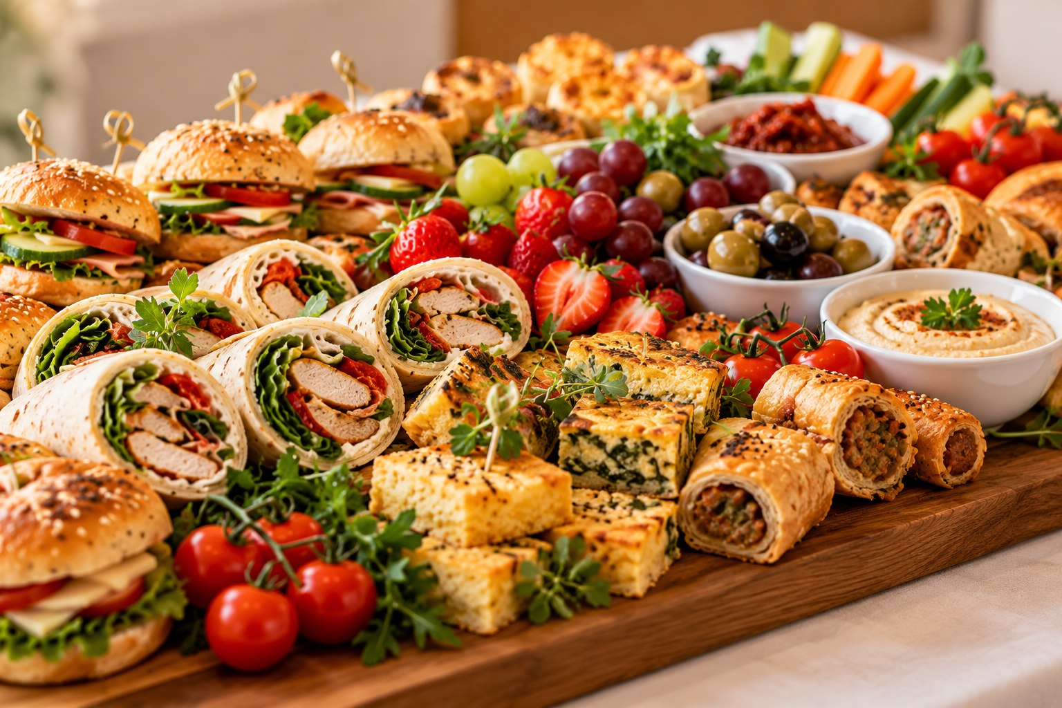 A fresh catering platter with sandwiches, wraps, savoury pastries and fruit